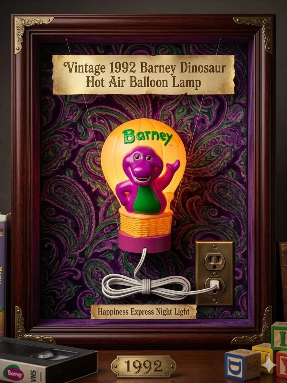 Vintage 1992 Barney Dinosaur Hot Air Balloon Lamp Happiness Express Night Light